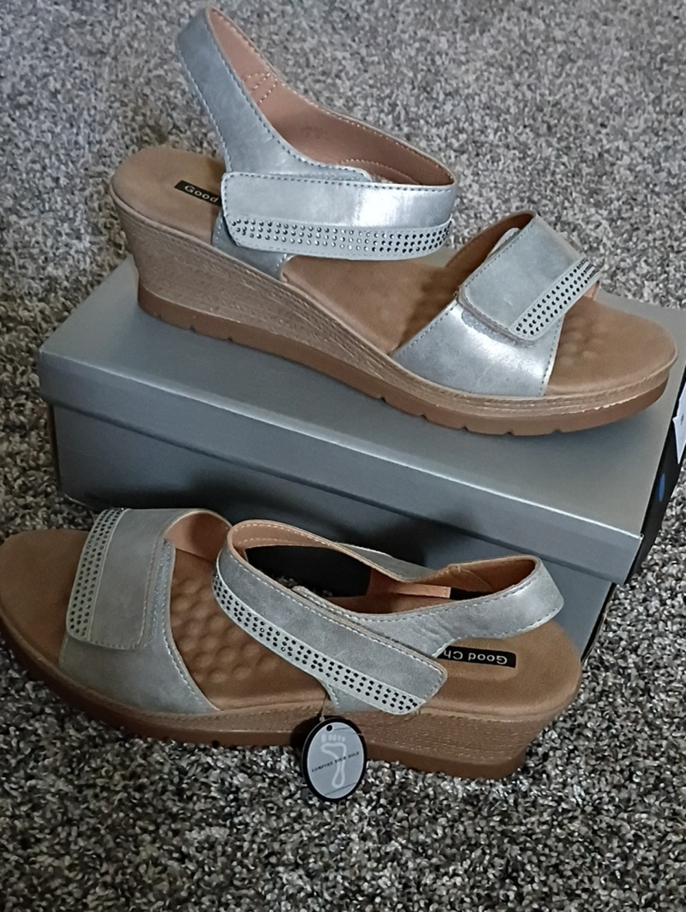 Good Choice Metallic Silver Wedge Sandals with Tan Platform
